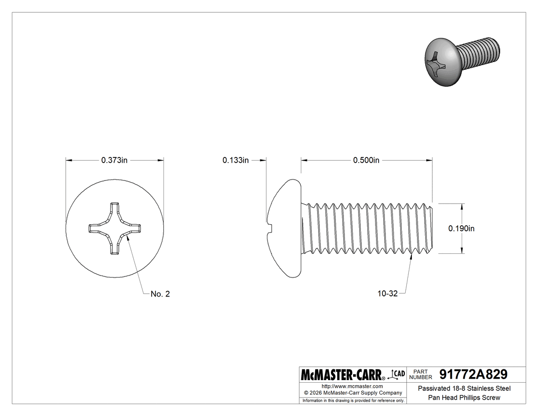 Technical Drawing of Passivated 18-8 Stainless Steel Pan Head Phillips Screw, 10-32 Thread, 1/2" Long.